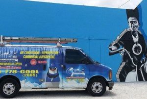 Chills Air Conditioning service truck on the field