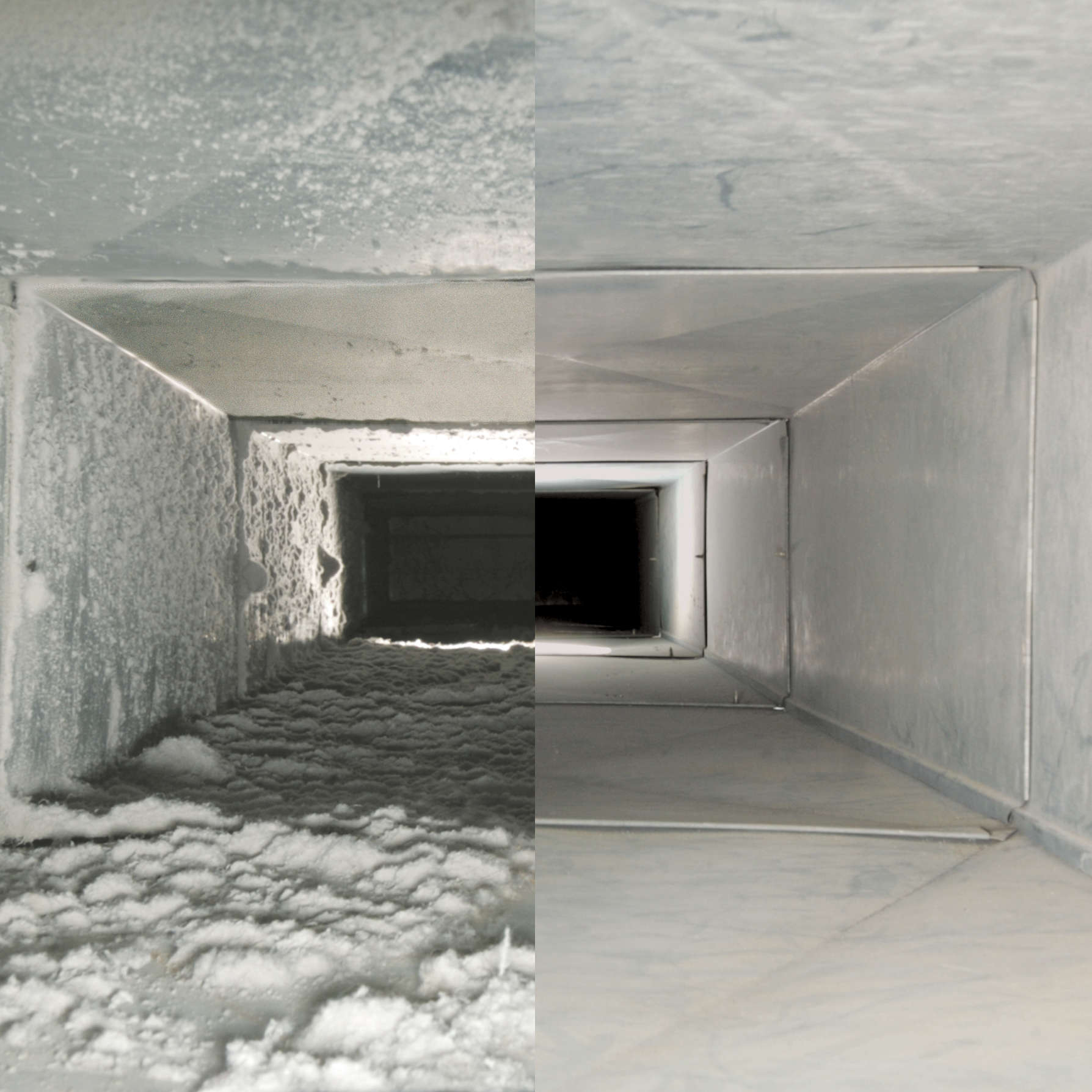 A before and after photo of an air duct