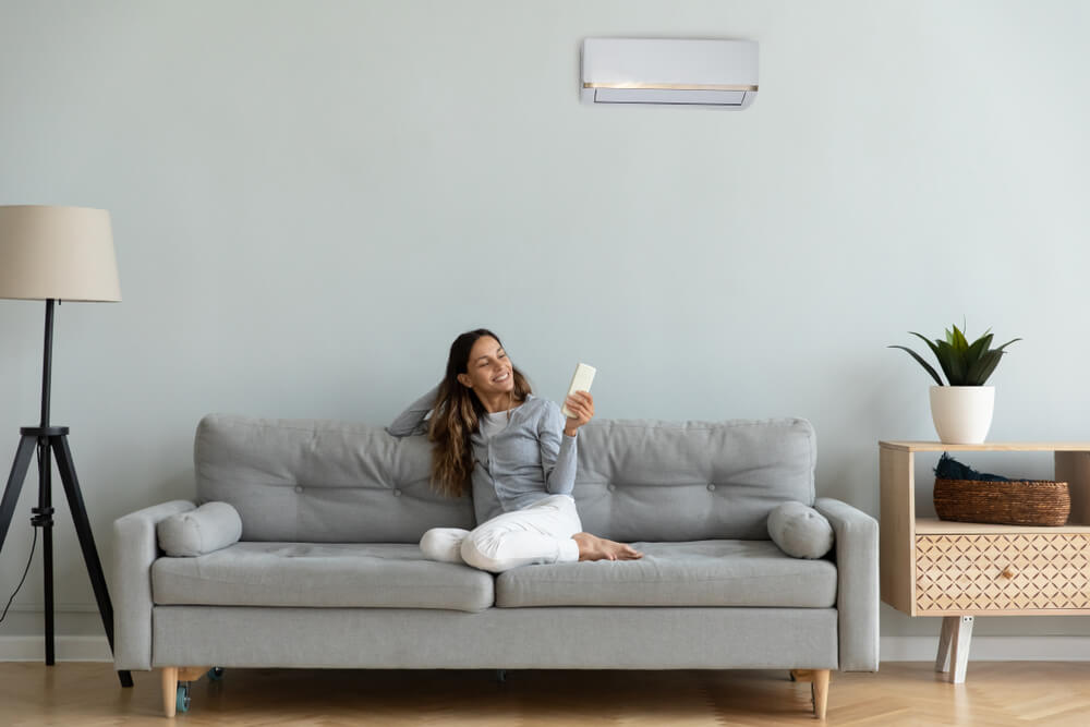 Woman Spend Time at Home Seated on Sofa Holding Remote Control Manages Degrees Uses Air Conditioner