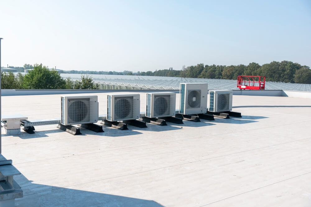 Air conditioning installed on the roof of a tall building.