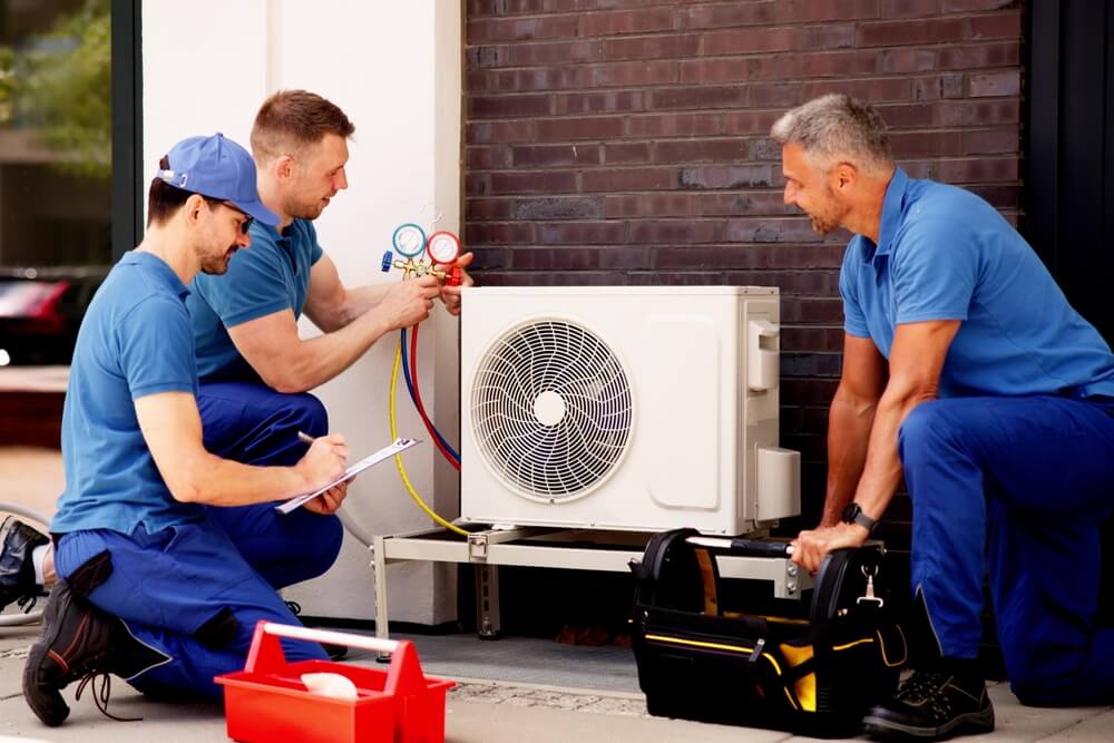 Technicians inspecting air conditioning units and installing HVAC systems in a commercial building.