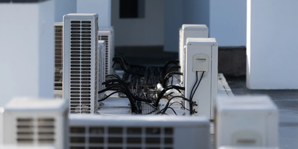 multiple air conditioning units | Chills AC Row of rooftop outdoor air conditioning condensers with wiring visible.
